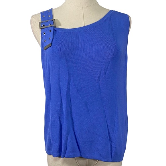 Joseph A Tops - Vintage 90s Joseph A Large Cobalt Blue Ribbed Asymmetrical Buckle Strap Tank Top